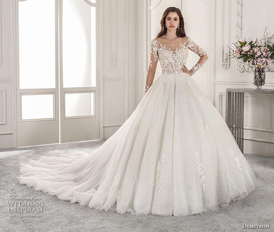 demetrios 2019 starlight bridal long sleeves illusion boat sweetheart neckline heavily embellished bodice romantic princess ball gown a  line wedding dress sheer button back royal train (15) mv