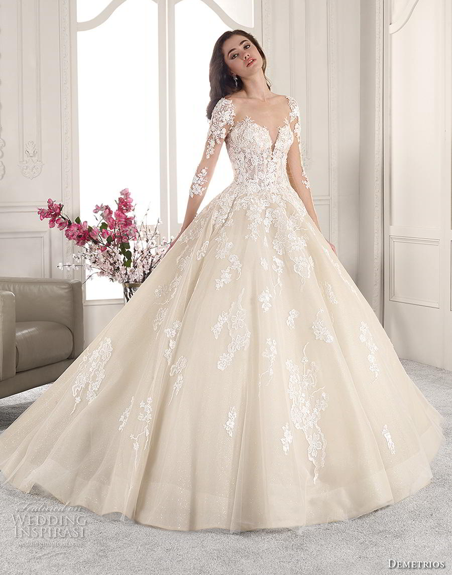 demetrios 2019 starlight bridal long sleeves sweetheart neckline heavily embellished bodice princess ball gown a  line wedding dress backless v back chapel train (1) mv