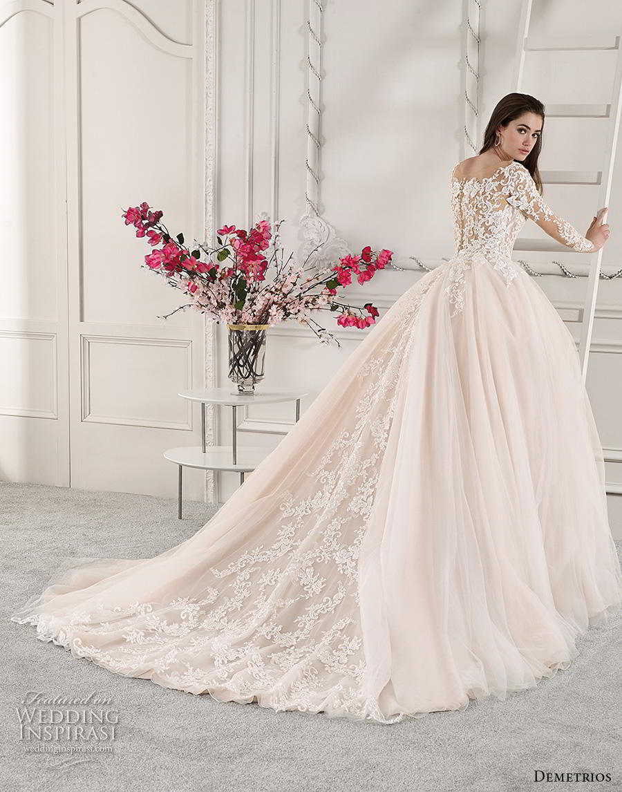 demetrios 2019 starlight bridal long sleeves v neck heavily embellished bodice tulle skirt princess romantic blush ball gown a  line wedding dress lace back royal train (5) bv