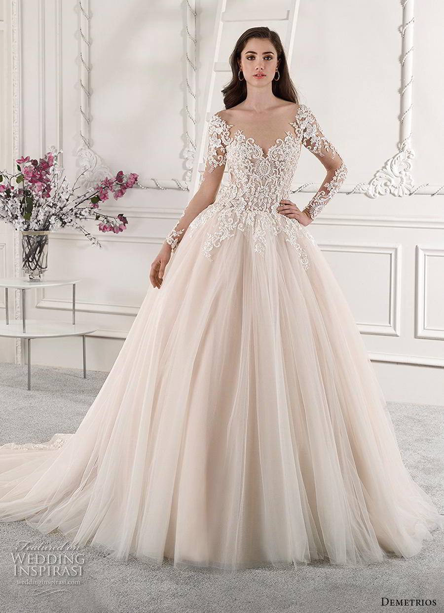 demetrios 2019 starlight bridal long sleeves v neck heavily embellished bodice tulle skirt princess romantic blush ball gown a  line wedding dress lace back royal train (5) mv