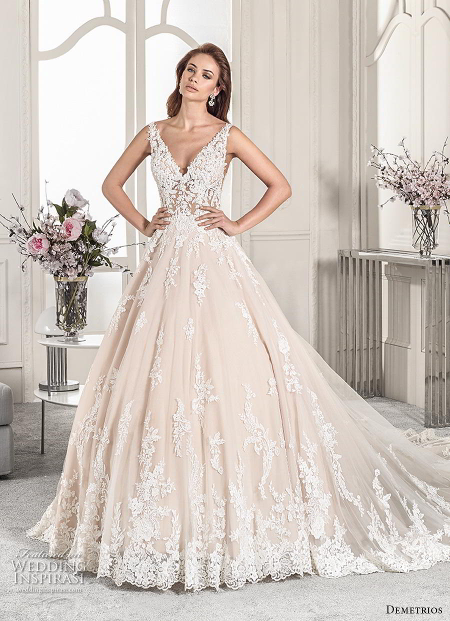 demetrios 2019 starlight bridal sleeveless v neck heavily embellished bodice romantic blush a  line wedding dress backless v back royal train (17) mv