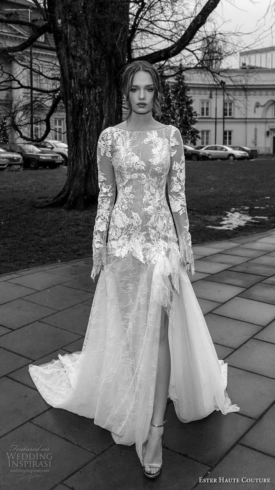 ester haute couture 2019 bridal long sleeves bateau heavily embellished bodice slit skirt elegant a  line wedding dress sheer lace back chapel train (12) mv