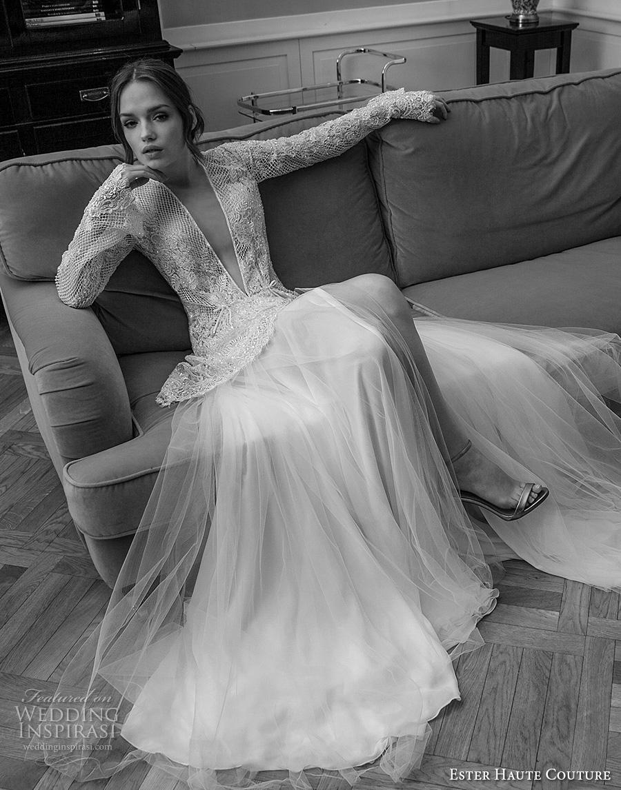 ester haute couture 2019 bridal long sleeves deep plunging v neck full embellishment glitzy elegant sexy a  line wedding dress keyhole back medium train (9) mv 