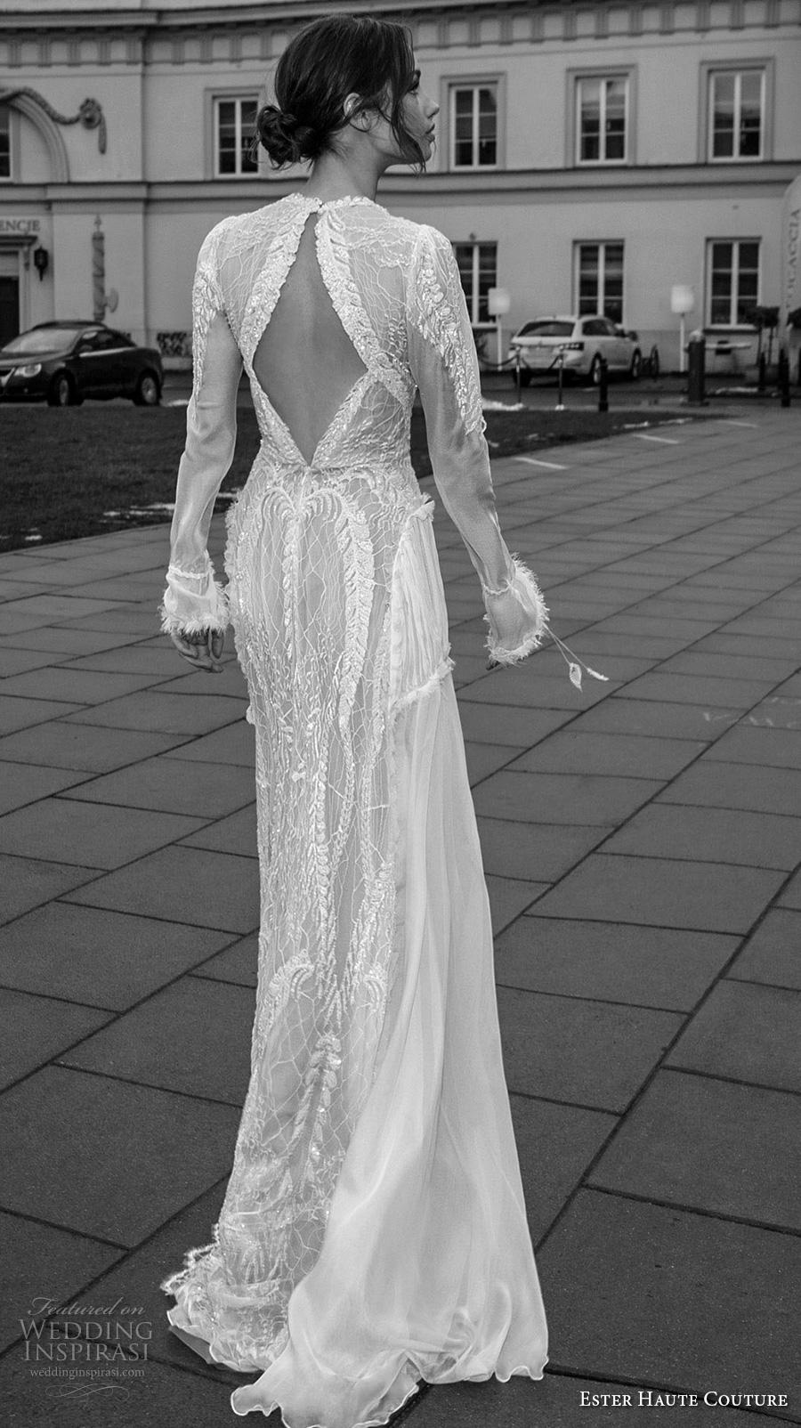 ester haute couture 2019 bridal long sleeves deep v neck full embellishment elegant glamorous sheath wedding dress keyhole back sweep train (17) bv mv