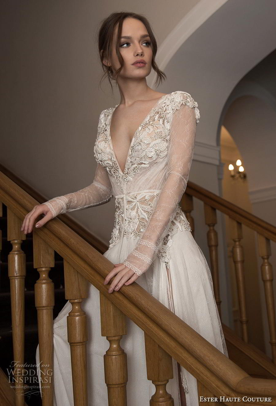 ester haute couture 2019 bridal long sleeves deep v neck heavily embellished bodice elegant modified a  line wedding dress (14) mv