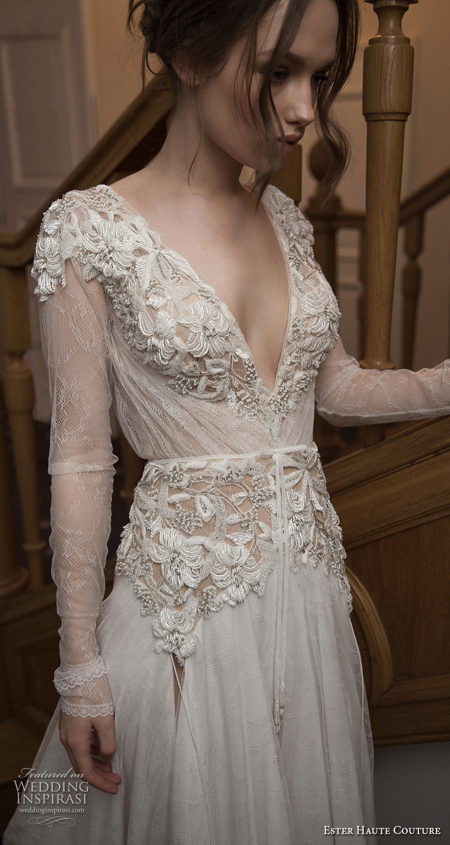ester haute couture 2019 bridal long sleeves deep v neck heavily embellished bodice elegant modified a  line wedding dress (14) zv 