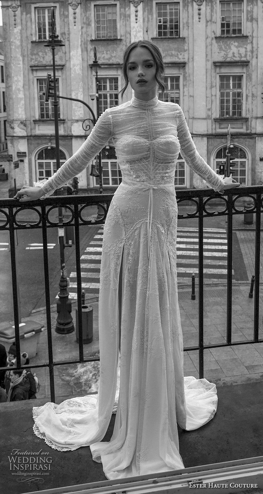 ester haute couture 2019 bridal long sleeves high neck full embellishment double slit skirt elegant modern sheath wedding dres chapel train (10) mv