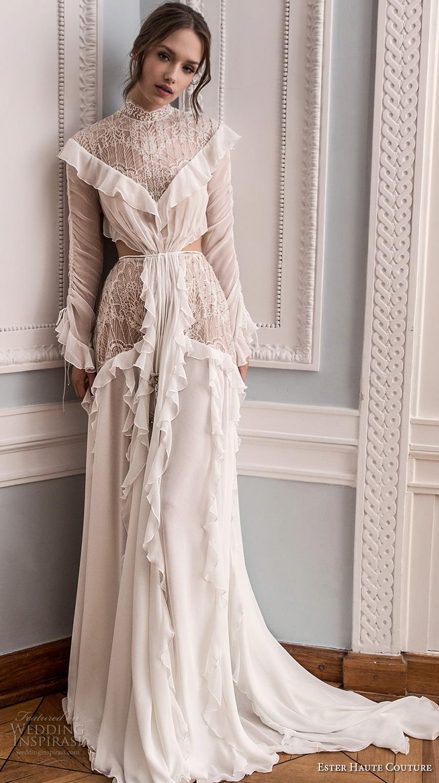 ester haute couture 2019 bridal long sleeves high neck full embellishment vintage modified a  line wedding dress keyhole back chapel train (16) mv