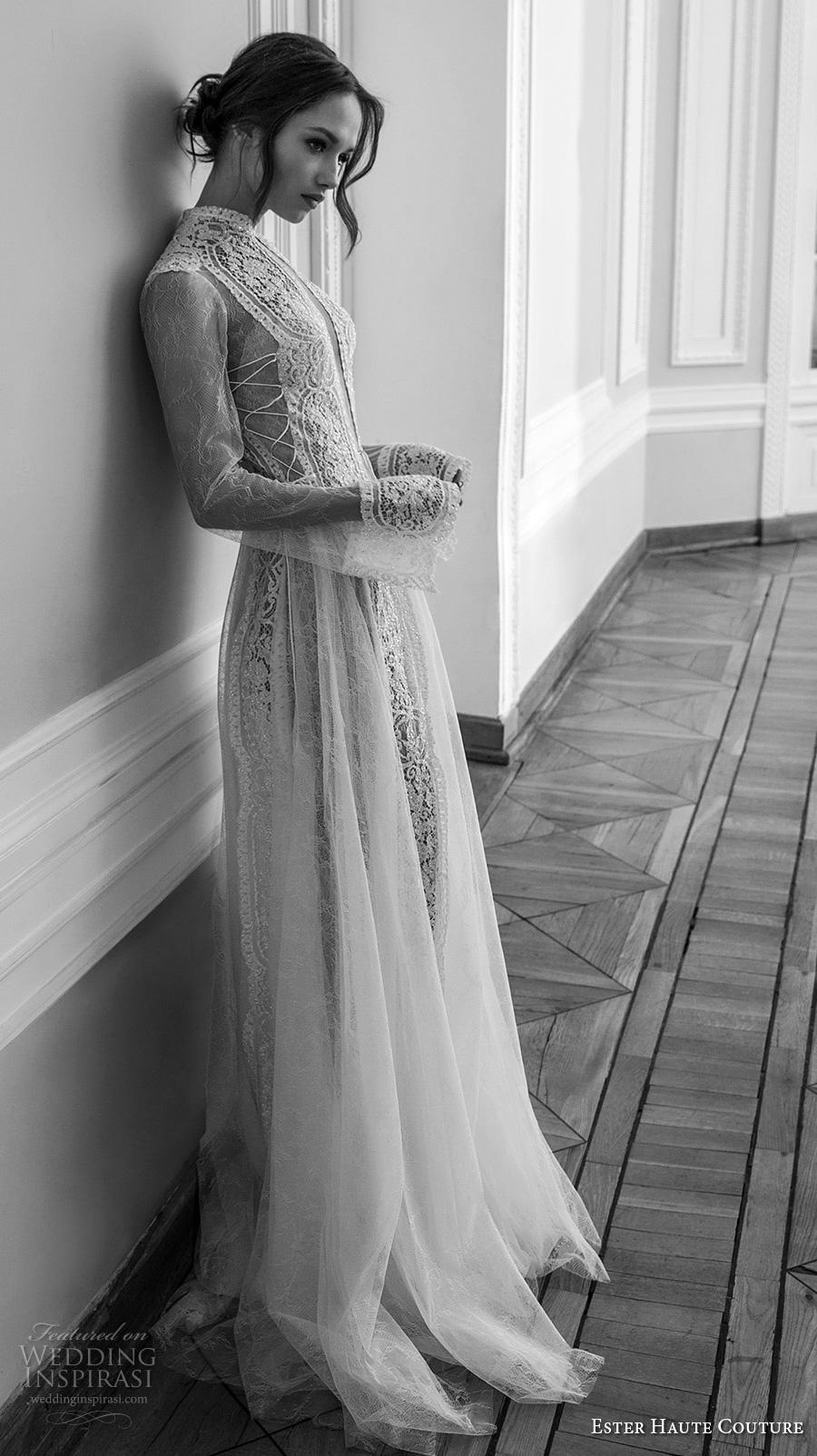 ester haute couture 2019 bridal long sleeves high neck keyhole bodice full embellishment elegant a  line wedding dress keyhole back sweep train (4) mv