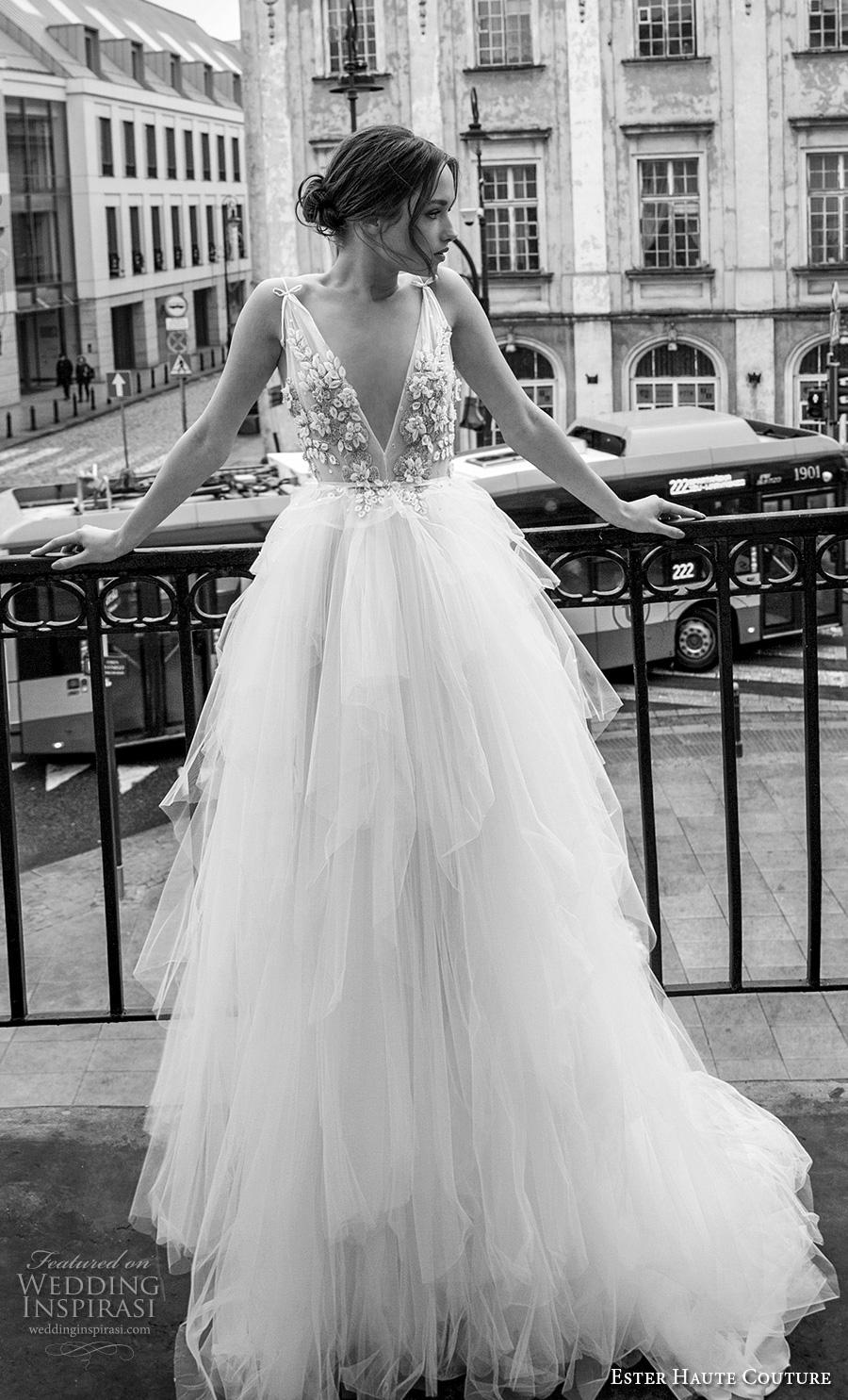 ester haute couture 2019 bridal sleeveless spaghetti strap deep v neck heavily embellished bodice tulle tiered skirt romantic a  line wedding dress backless v back chapel train (6) mv