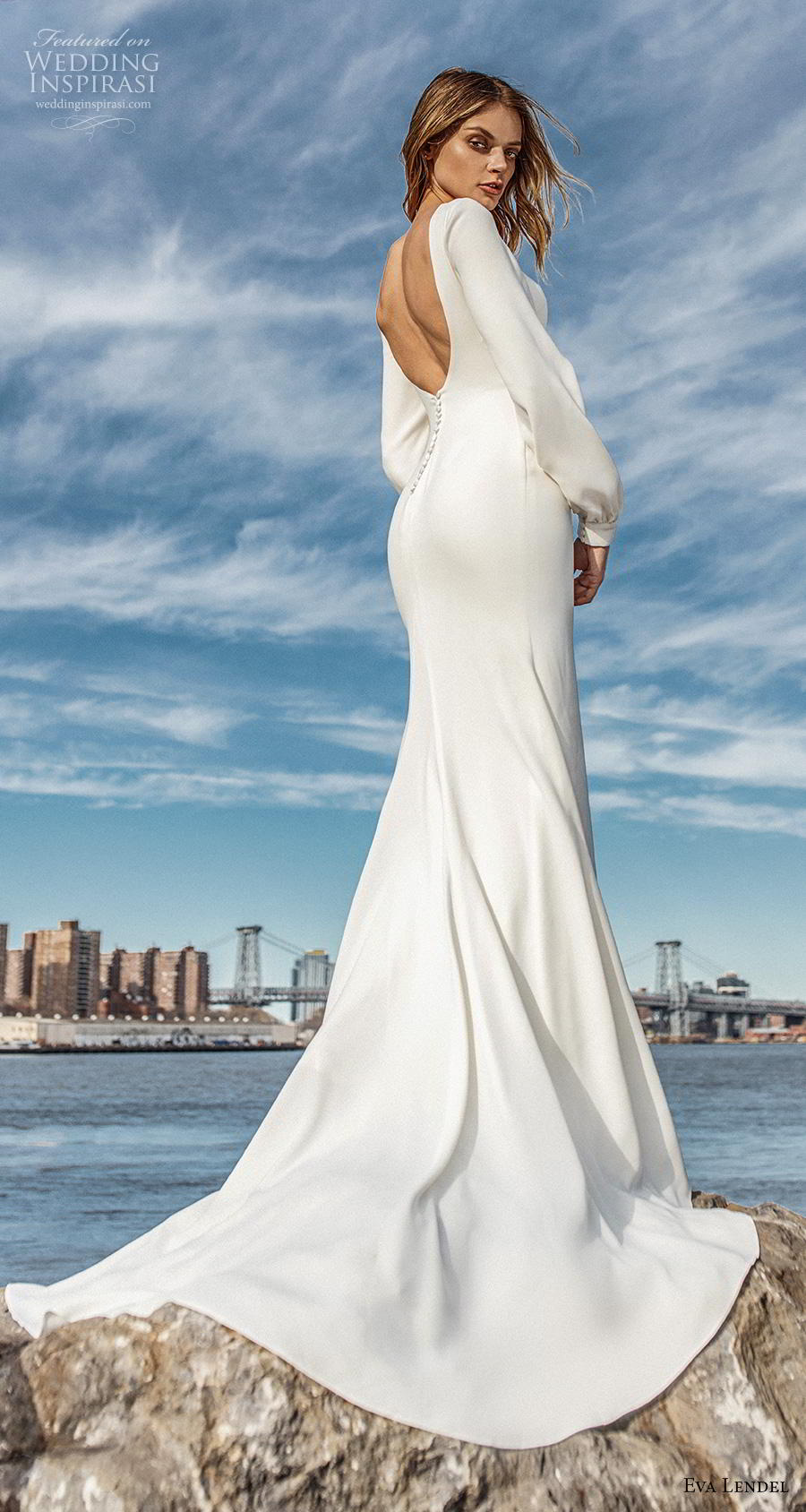 eva lendel 2019 bridal long bishop sleeves bateau neck simple clean minimalist elegant fit and flat wedding dress backless scoop back chapel train (4) bv