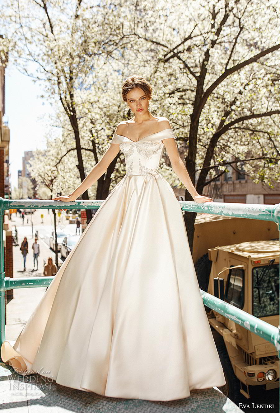 eva lendel 2019 bridal off the shoulder v neck heavily embellished bodice satin skirt princess ball gown a  line wedding dress chapel train (10) mv