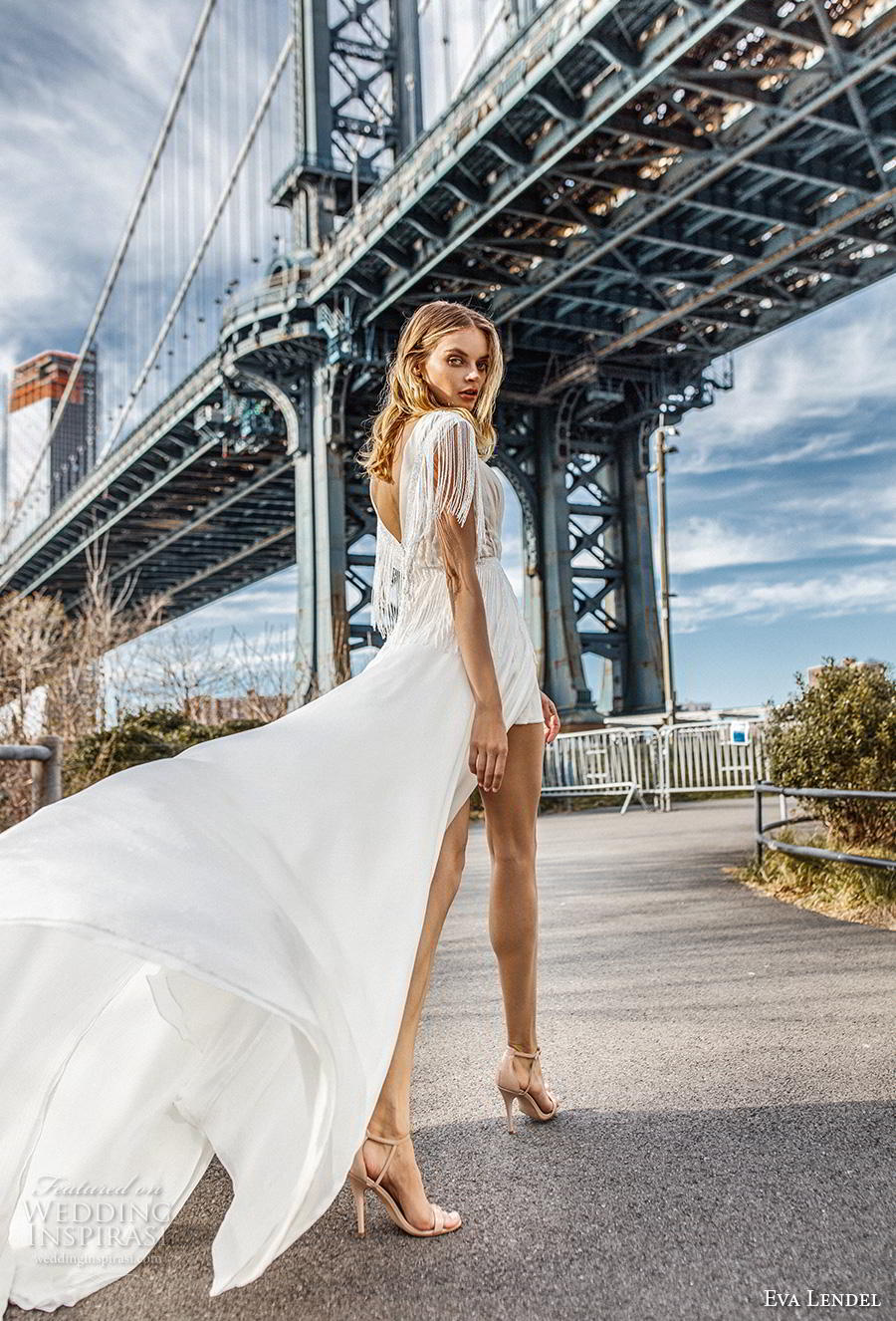 eva lendel 2019 bridal short fringe sleeves deep v neck pleated bodice slit skirt romantic modern soft a  line wedding dress backless v back chapel train (5) bv