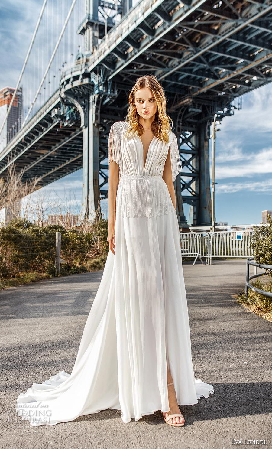 eva lendel 2019 bridal short fringe sleeves deep v neck pleated bodice slit skirt romantic modern soft a  line wedding dress backless v back chapel train (5) mv