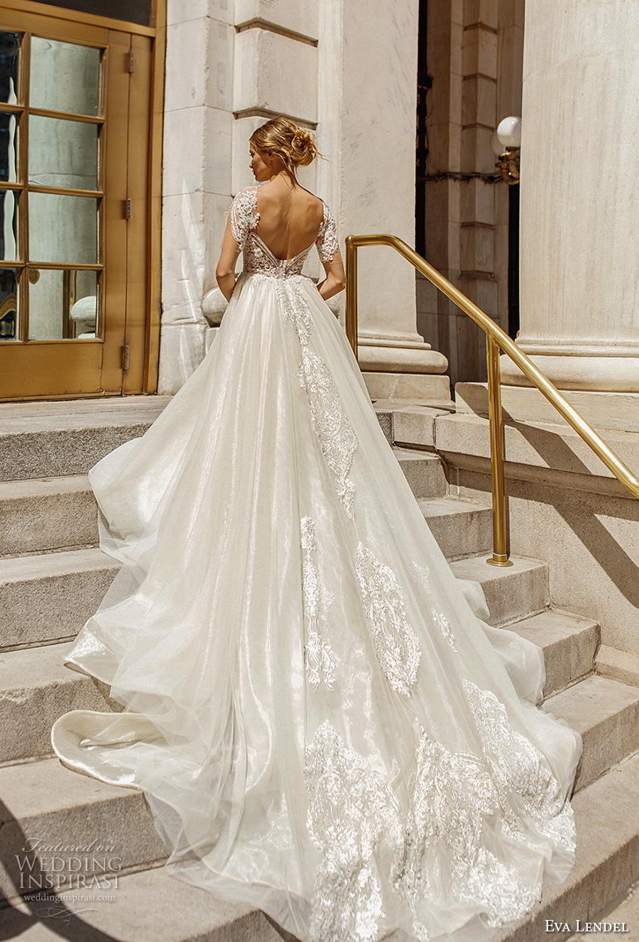 eva lendel 2019 bridal short sleeves sweetheart neckline heavily embellished bodice romantic glamorous a  line wedding dress backless v back royal train (11) bv 