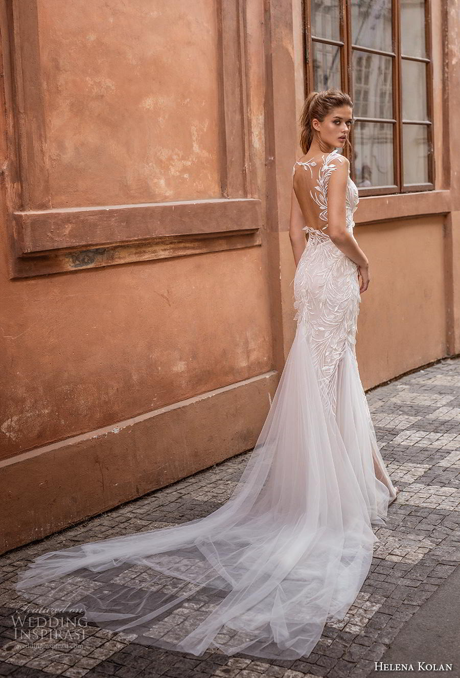 helena kolan 2019 bridal cap sleeves deep plunging sweetheart neckline full embellishment elegant sheath fit and flare wedding dress sheer back chapel train (12) bv