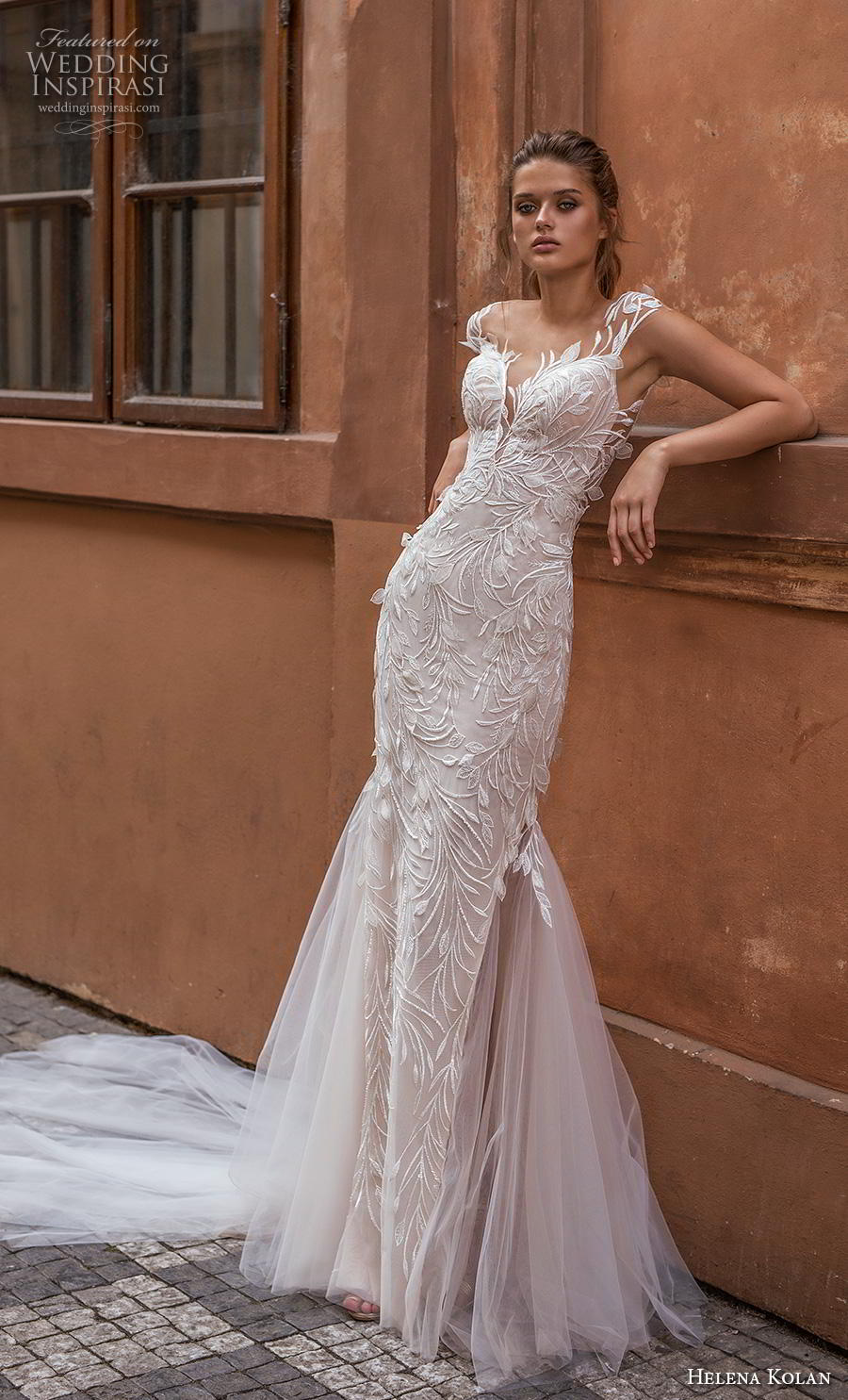 helena kolan 2019 bridal cap sleeves deep plunging sweetheart neckline full embellishment elegant sheath fit and flare wedding dress sheer back chapel train (12) mv