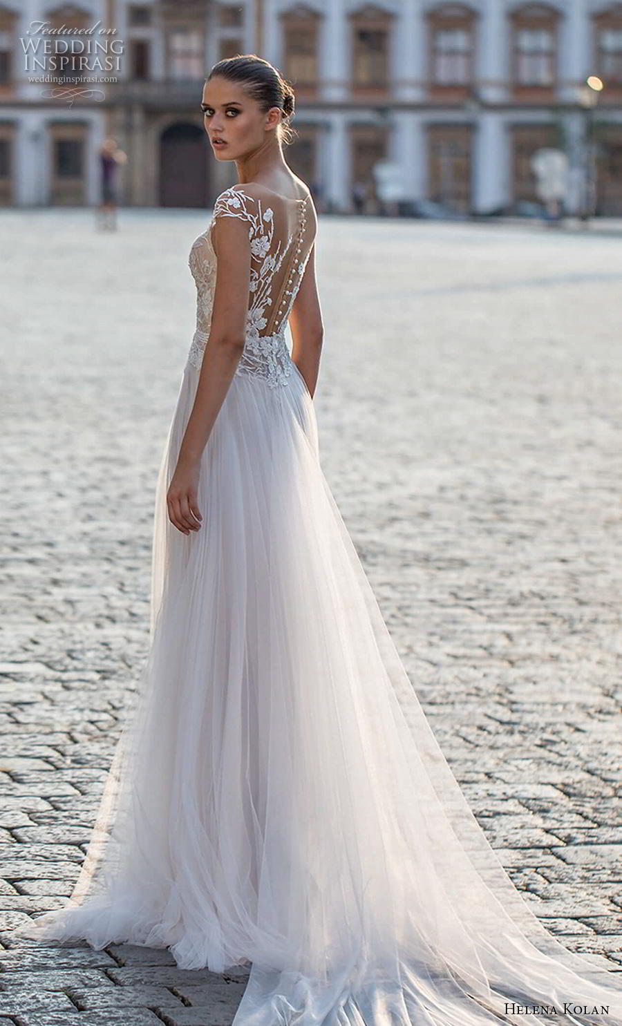 helena kolan 2019 bridal cap sleeves deep plunging sweetheart neckline heavily embellished bodice slit skirt romantic a  line wedding dress sheer button back chapel train (7) bv