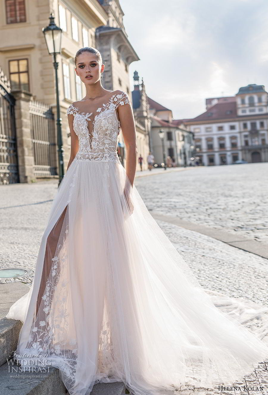 helena kolan 2019 bridal cap sleeves deep plunging sweetheart neckline heavily embellished bodice slit skirt romantic a  line wedding dress sheer button back chapel train (7) mv