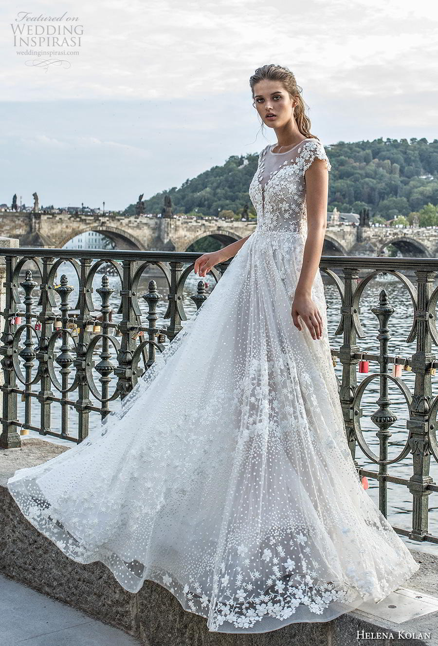 helena kolan 2019 bridal cap sleeves illusion bateau deep plunging sweetheart neckline full embellishment romantic soft a  line wedding dress sheer button back sweep train (5) mv