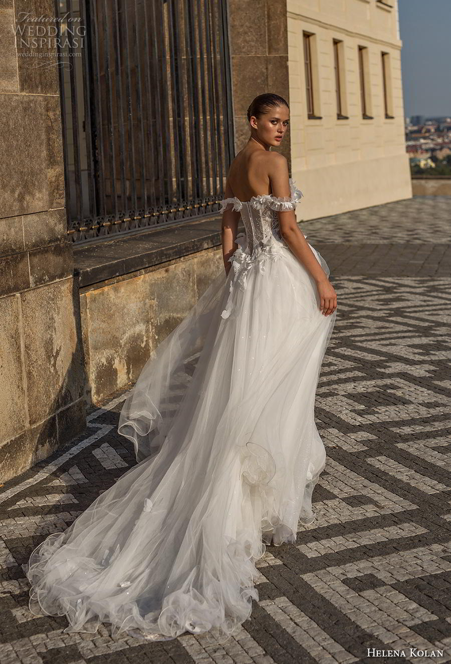 helena kolan 2019 bridal off the shoulder sweetheart neckline heavily embellished bodice bustier slit skirt romantic a  line wedding dress chapel train (4) bv