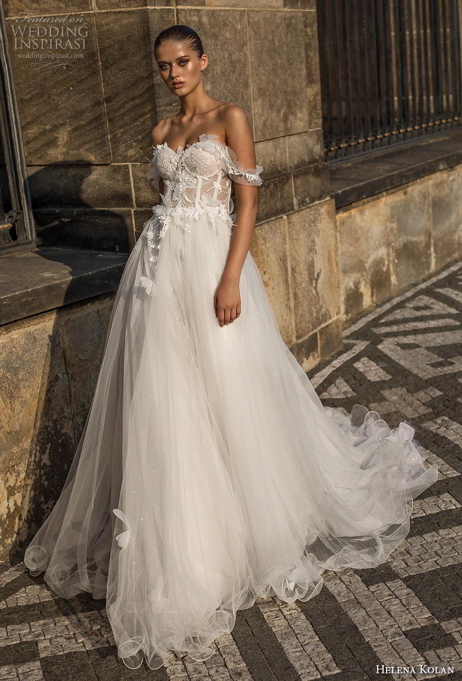 helena kolan 2019 bridal off the shoulder sweetheart neckline heavily embellished bodice bustier slit skirt romantic a  line wedding dress chapel train (4) mv