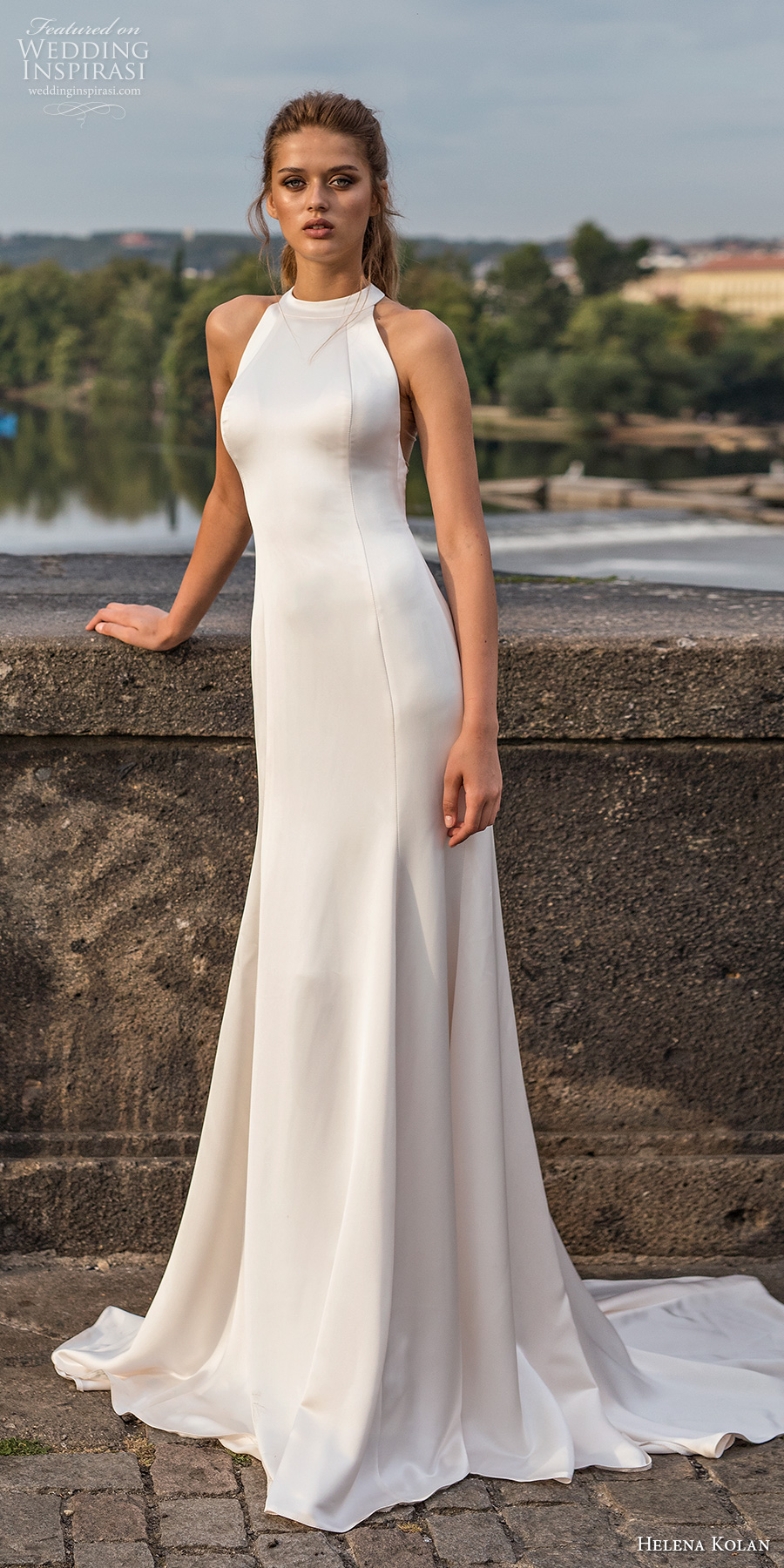 helena kolan 2019 bridal sleeveless halter neck simple clean minimalist elegant drop waist modified a  line wedding dress rasor back medium train (16) mv