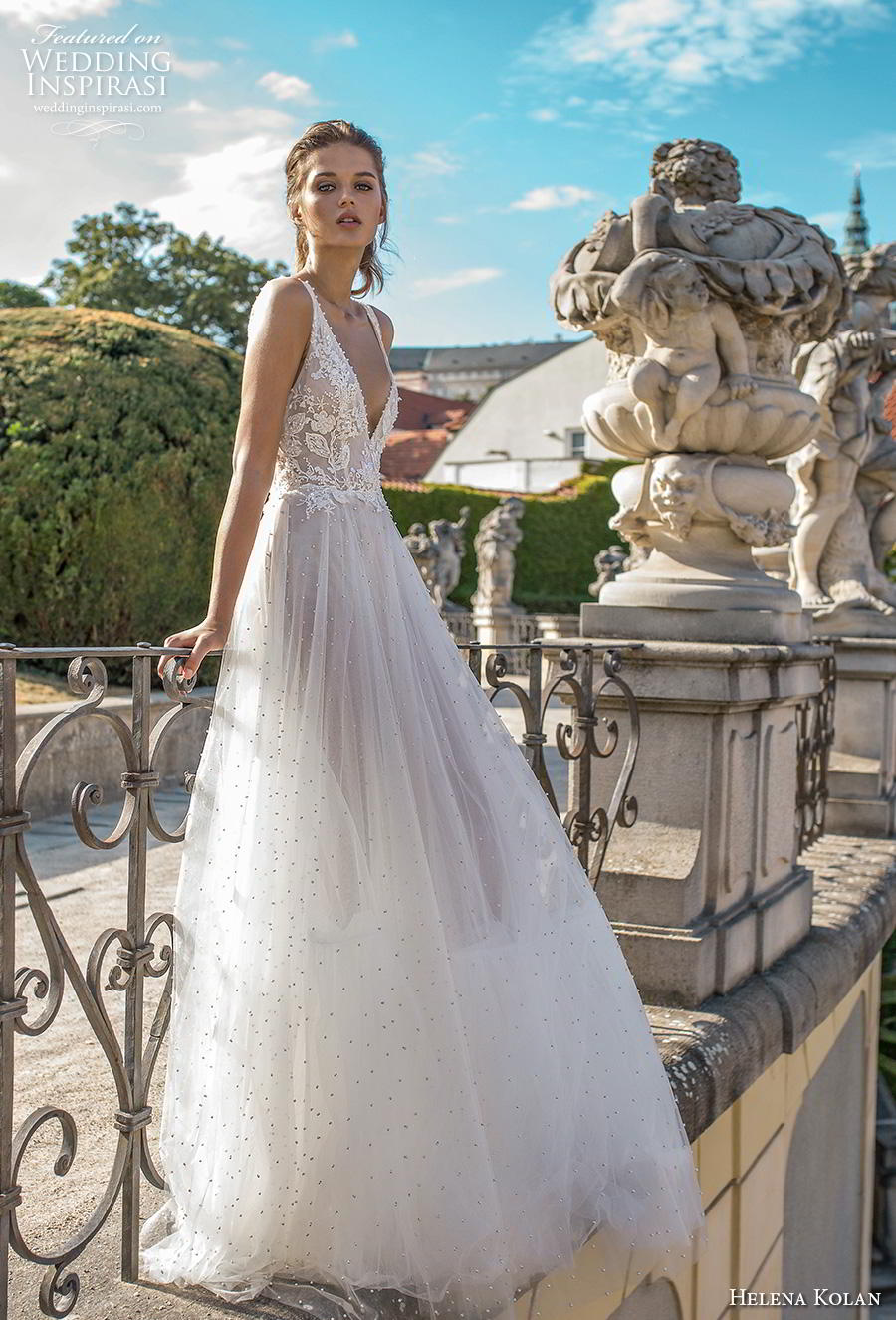 helena kolan 2019 bridal sleeveless v neck heavily embellished bodice romantic soft a  line wedding dress backless v back sweep train (6) mv