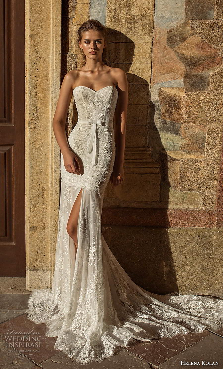 helena kolan 2019 bridal strapless sweetheart neckline full embellishment slit skirt elegant trumpet fit and flare wedding dress sweep train (3) mv