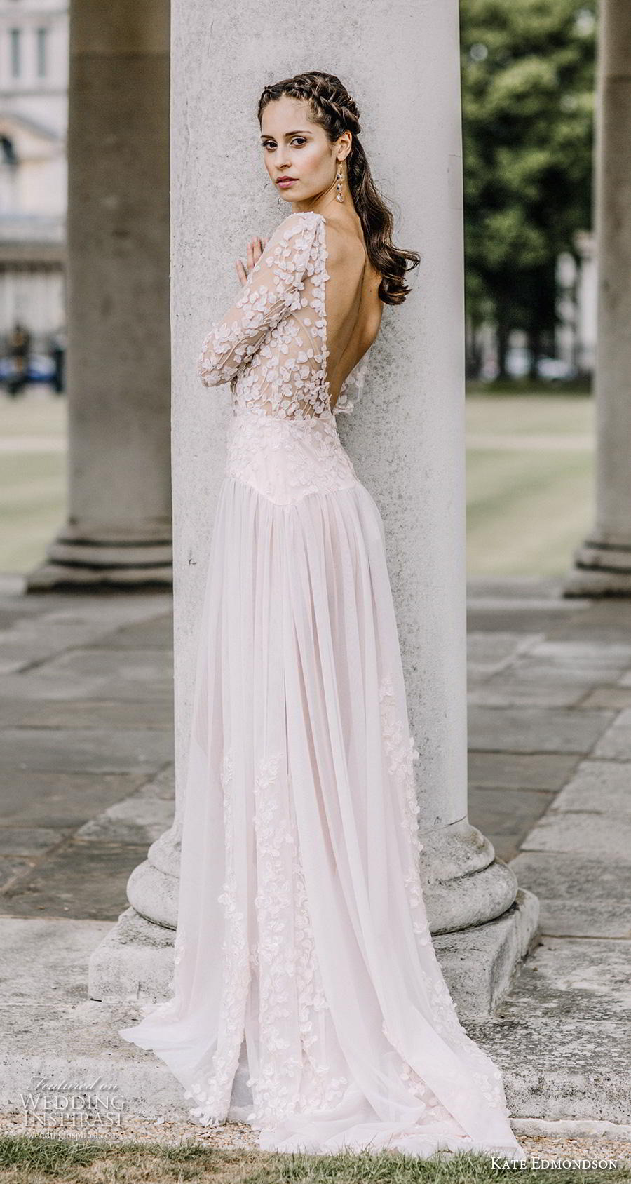 kate edmondson couture bridal half sleeves bateau neck heavily embellished bodice romantic blush soft a  line wedding dress backless v back short train (2) bv 