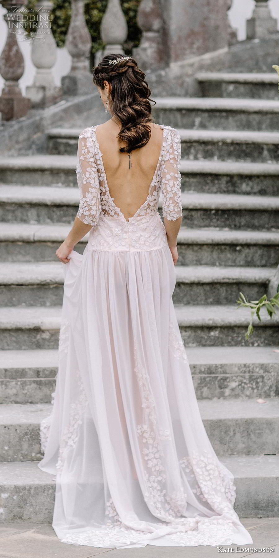 kate edmondson couture bridal half sleeves bateau neck heavily embellished bodice romantic blush soft a  line wedding dress backless v back short train (2) bv