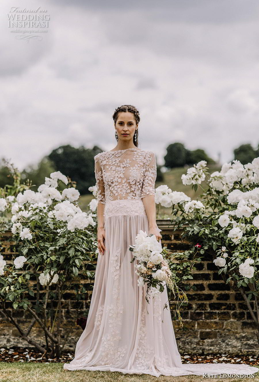 kate edmondson couture bridal half sleeves bateau neck heavily embellished bodice romantic blush soft a  line wedding dress backless v back short train (2) mv 