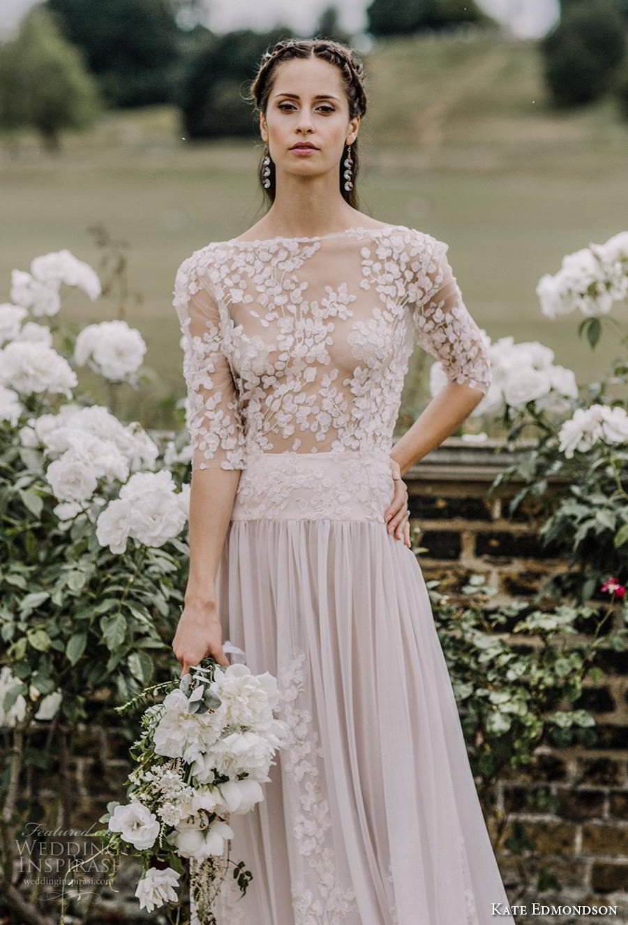 kate edmondson couture bridal half sleeves bateau neck heavily embellished bodice romantic blush soft a  line wedding dress backless v back short train (2) mv