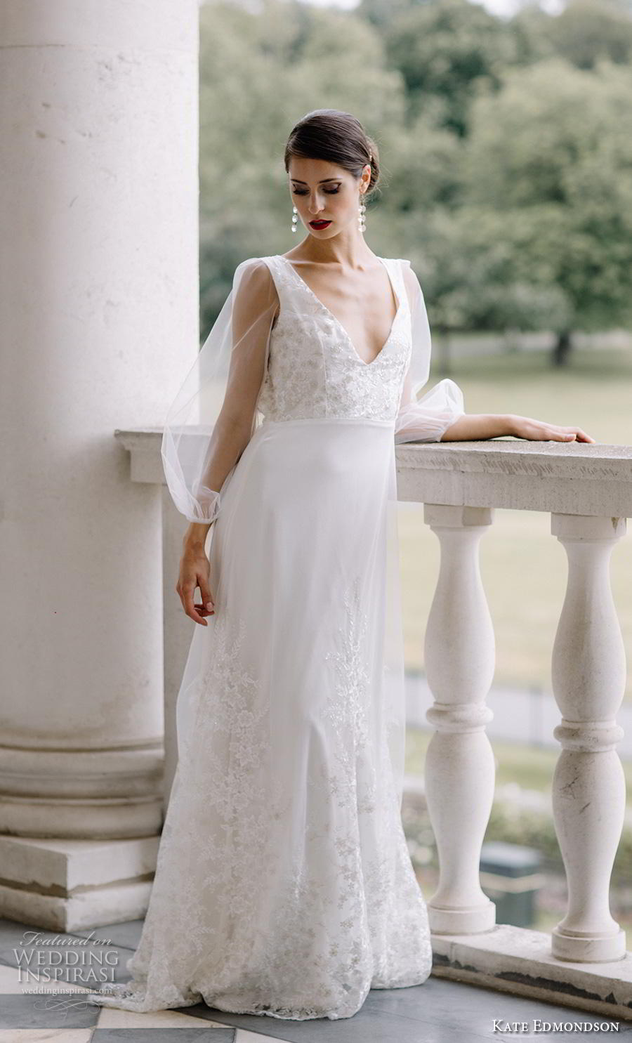 kate edmondson couture bridal long bishop sleeves v neck heavily embelliished bodice hem elegant modified a  line wedding dress backless scoop back sweep train (4) mv