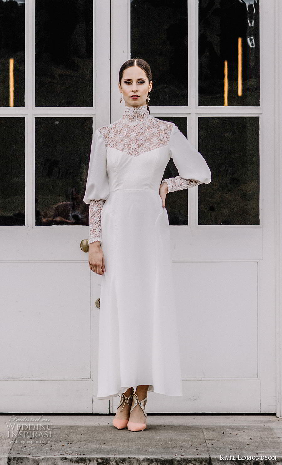 kate edmondson couture bridal long mutton leg sleeves high neck heavily embellished bodice simple casual ankle length modified a  line wedding dress (3) mv 