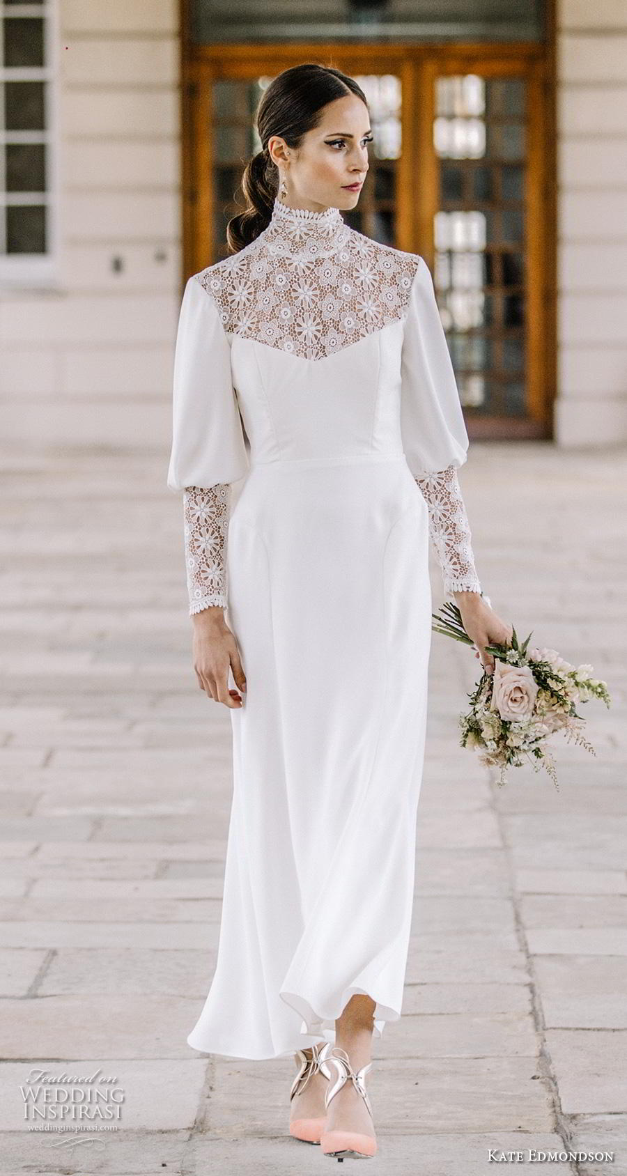 kate edmondson couture bridal long mutton leg sleeves high neck heavily embellished bodice simple casual ankle length modified a  line wedding dress (3) mv
