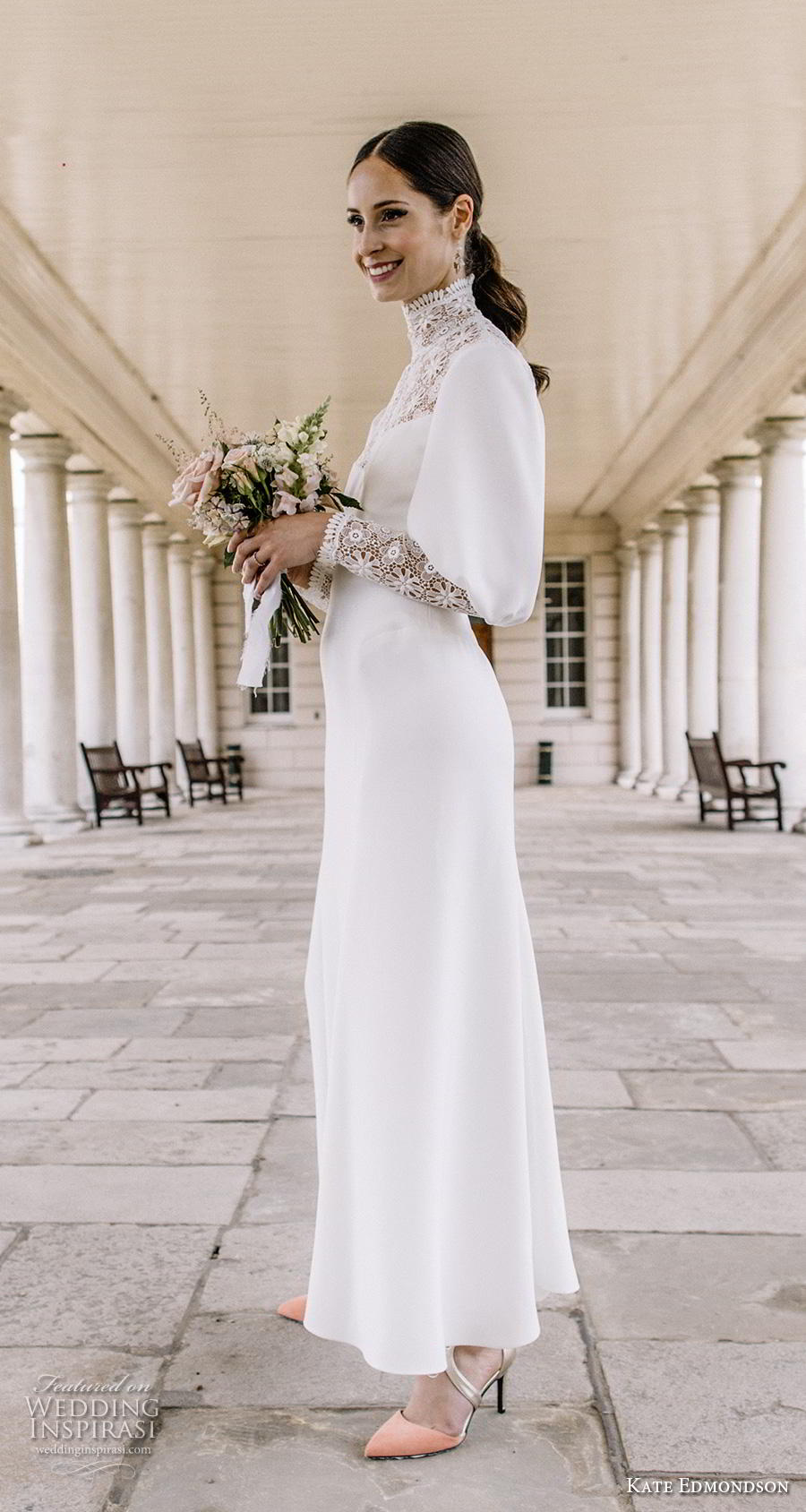 kate edmondson couture bridal long mutton leg sleeves high neck heavily embellished bodice simple casual ankle length modified a  line wedding dress (3) sdv