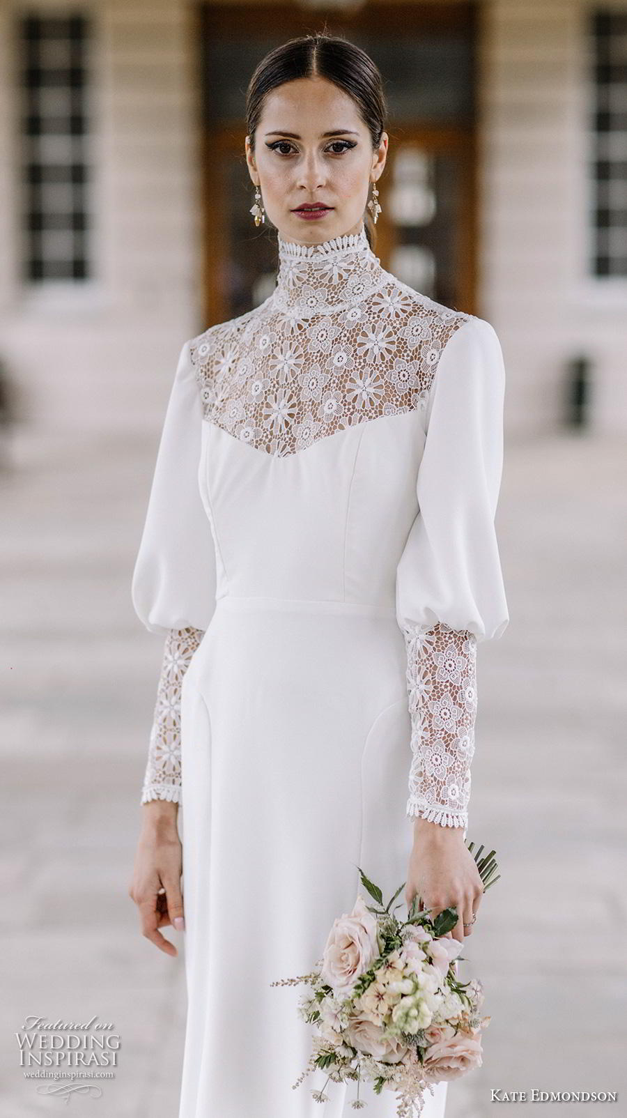 kate edmondson couture bridal long mutton leg sleeves high neck heavily embellished bodice simple casual ankle length modified a  line wedding dress (3) zv 
