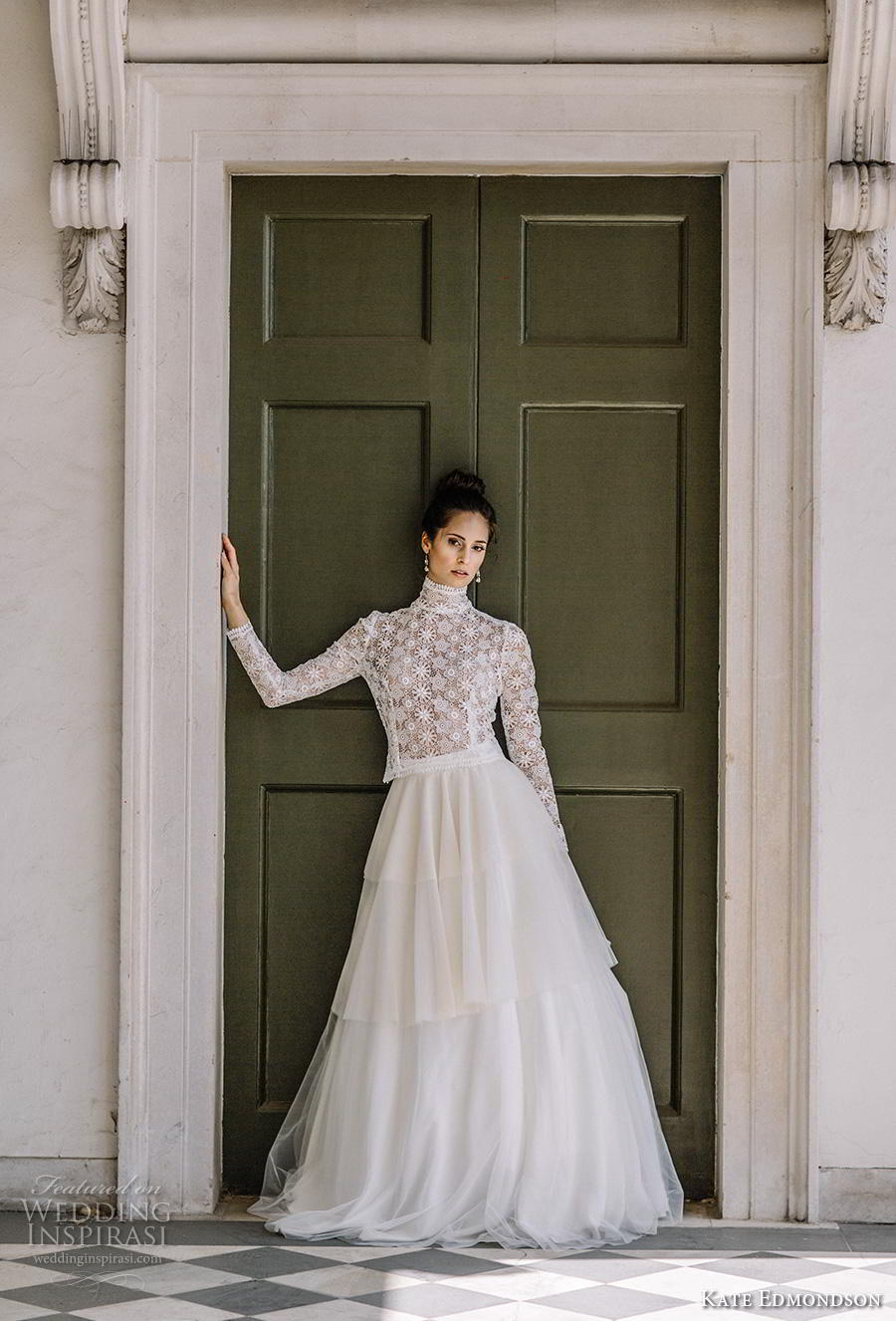 kate edmondson couture bridal long sleeves high neck heavily embellished bodice modest elegant a  line wedding dress chapel train (1) mv 