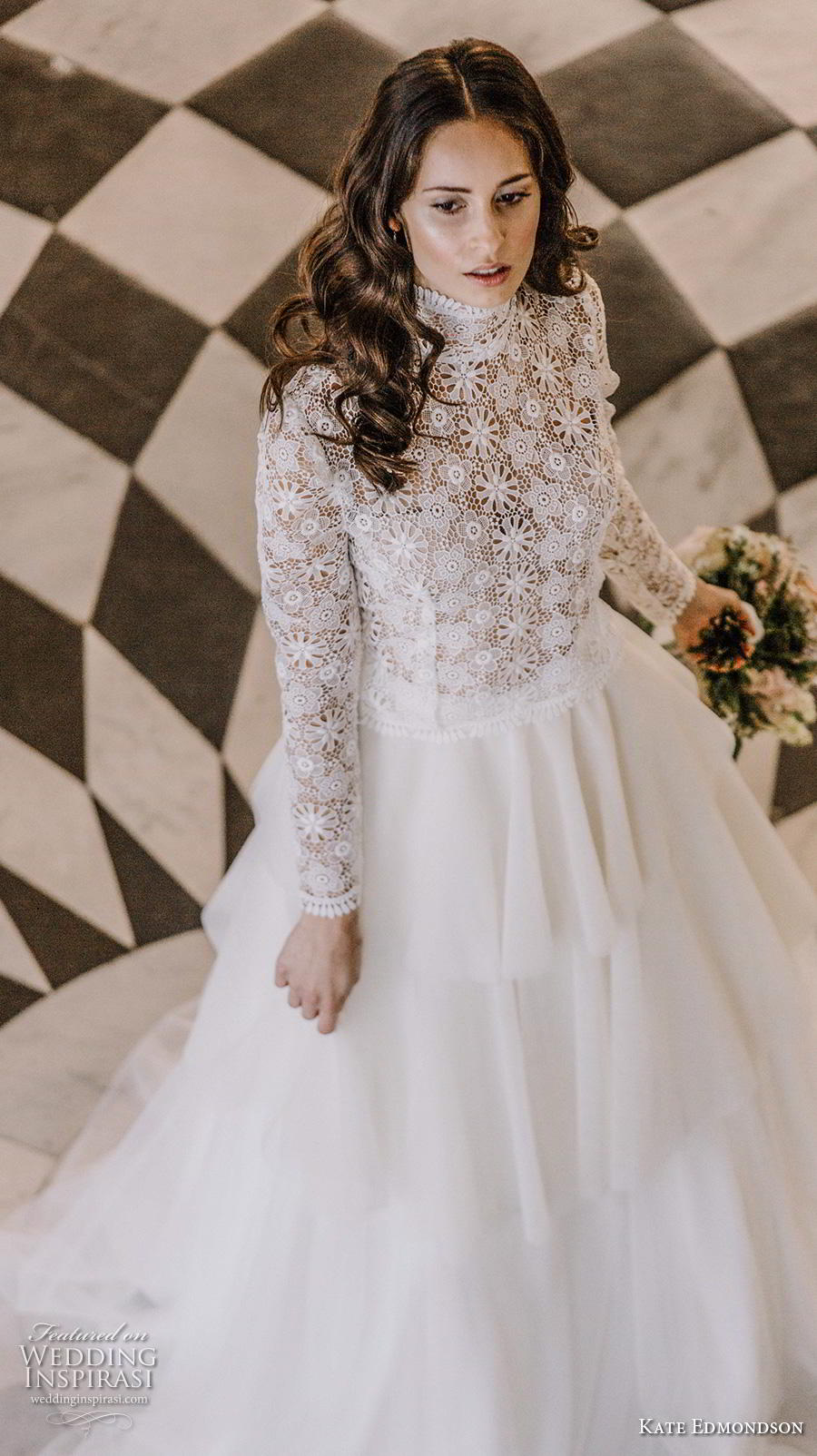 kate edmondson couture bridal long sleeves high neck heavily embellished bodice modest elegant a  line wedding dress chapel train (1) mv