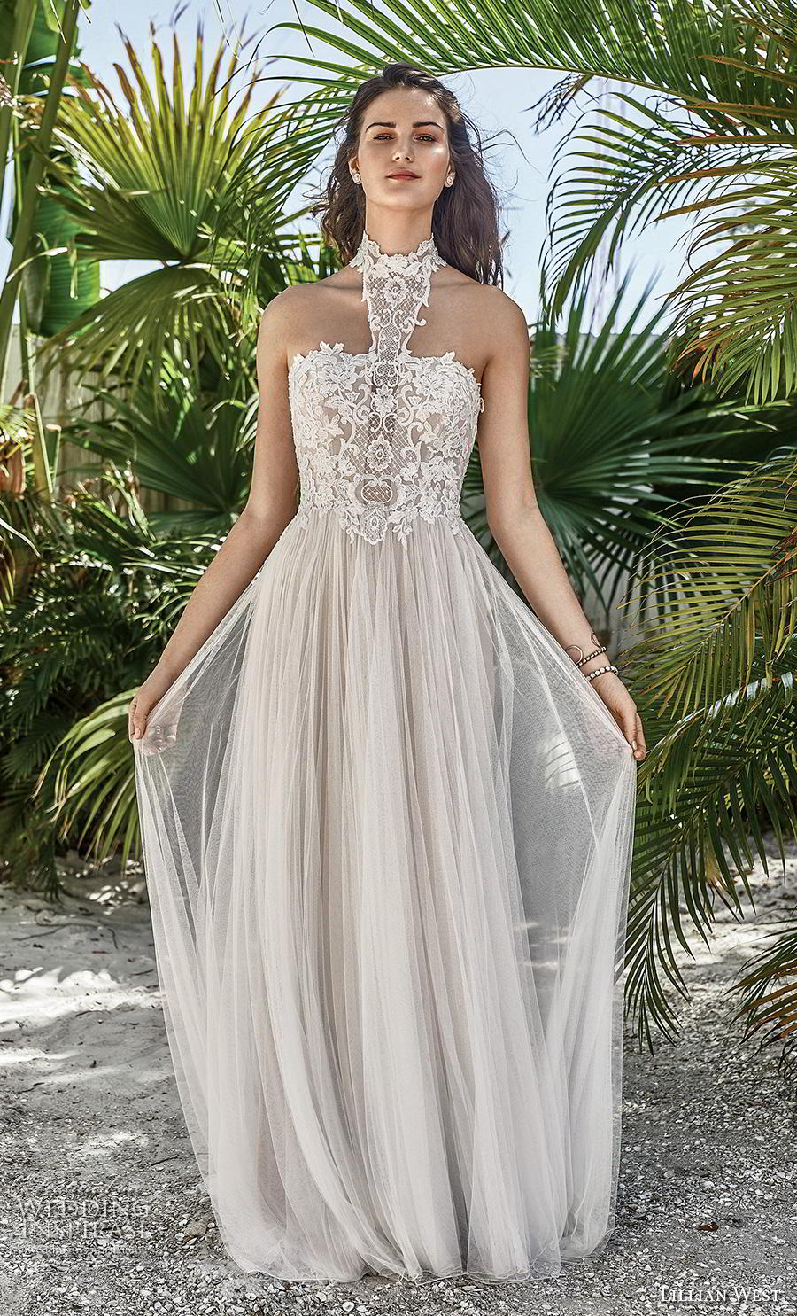 lillian west spring 2019 bridal halter neck heavily embellished bodice tulle skirt soft a  line wedding dress mid back short train (10) mv