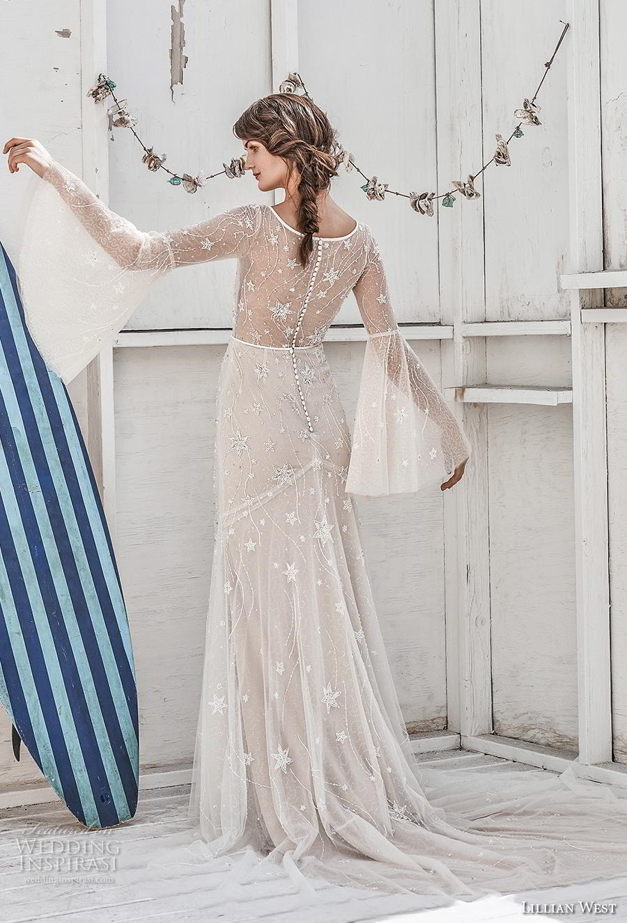 lillian west spring 2019 bridal long bell sleeves deep v neck full embellishment boho romantic modified a  line wedding dress sheer back chapel train (8) bv