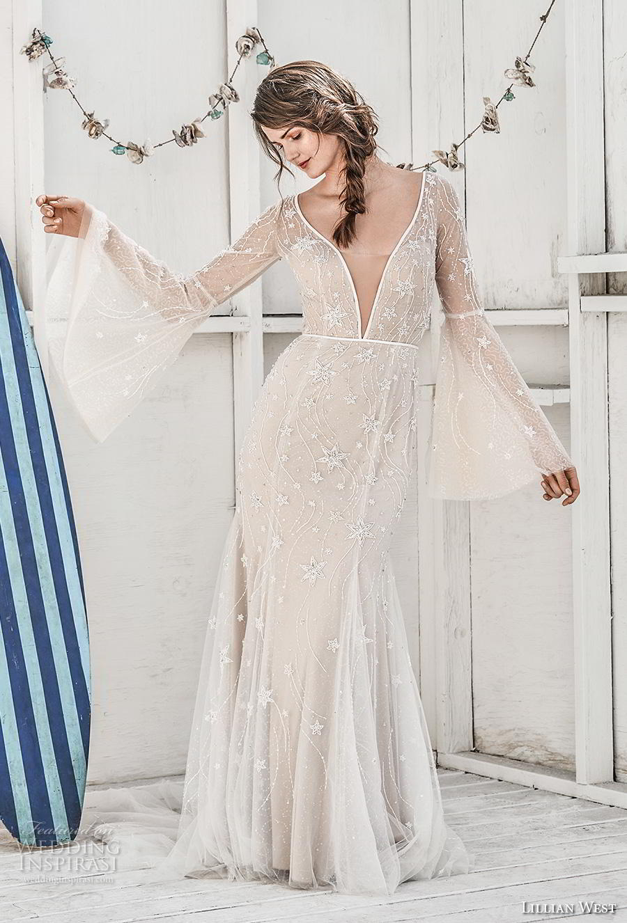 lillian west spring 2019 bridal long bell sleeves deep v neck full embellishment boho romantic modified a  line wedding dress sheer back chapel train (8) mv