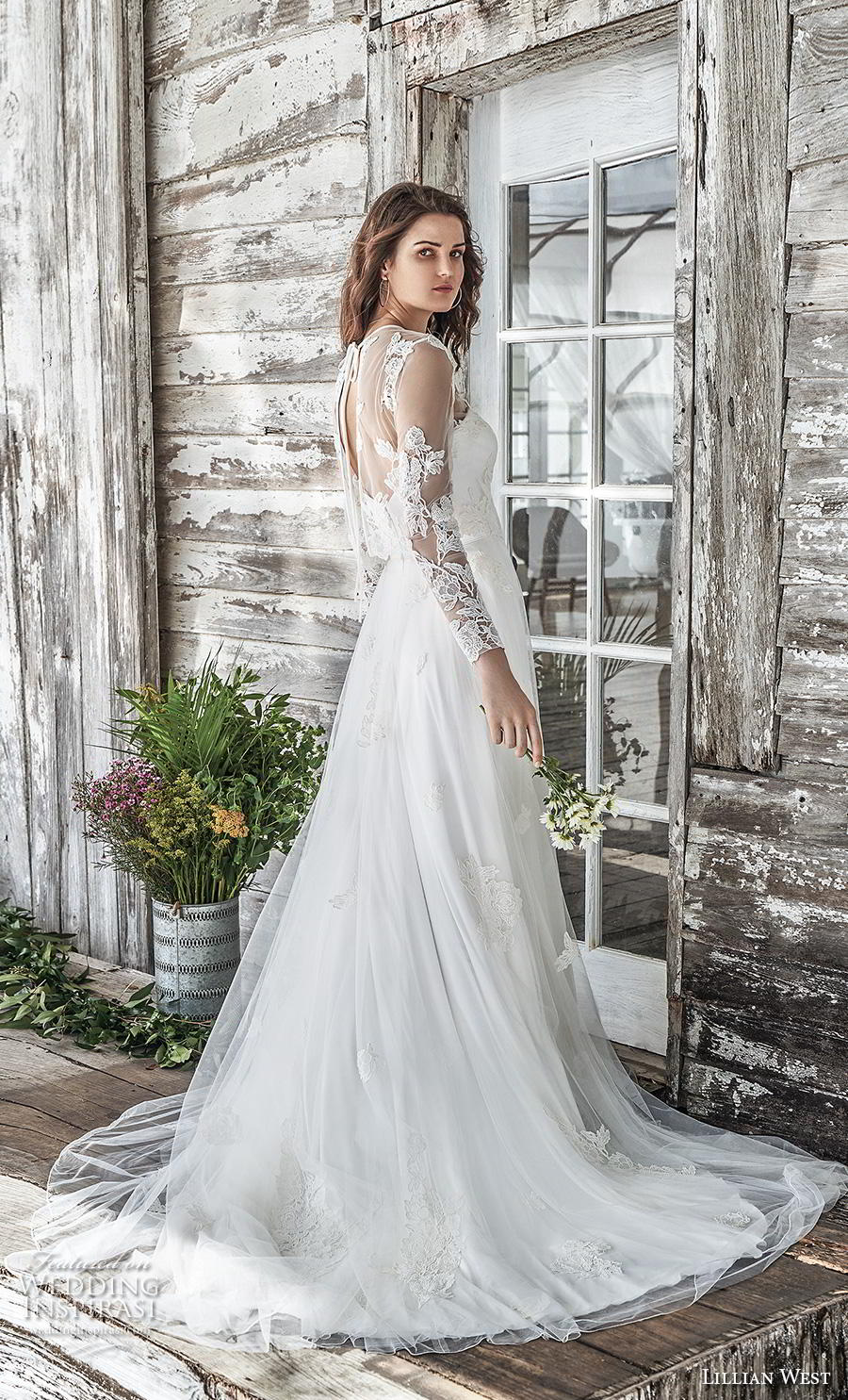 lillian west spring 2019 bridal long seeves illusion jewel sweetheart neckline heavily embellished bodice romantic a  line wedding dress sheer lace back chapel train (9) bv