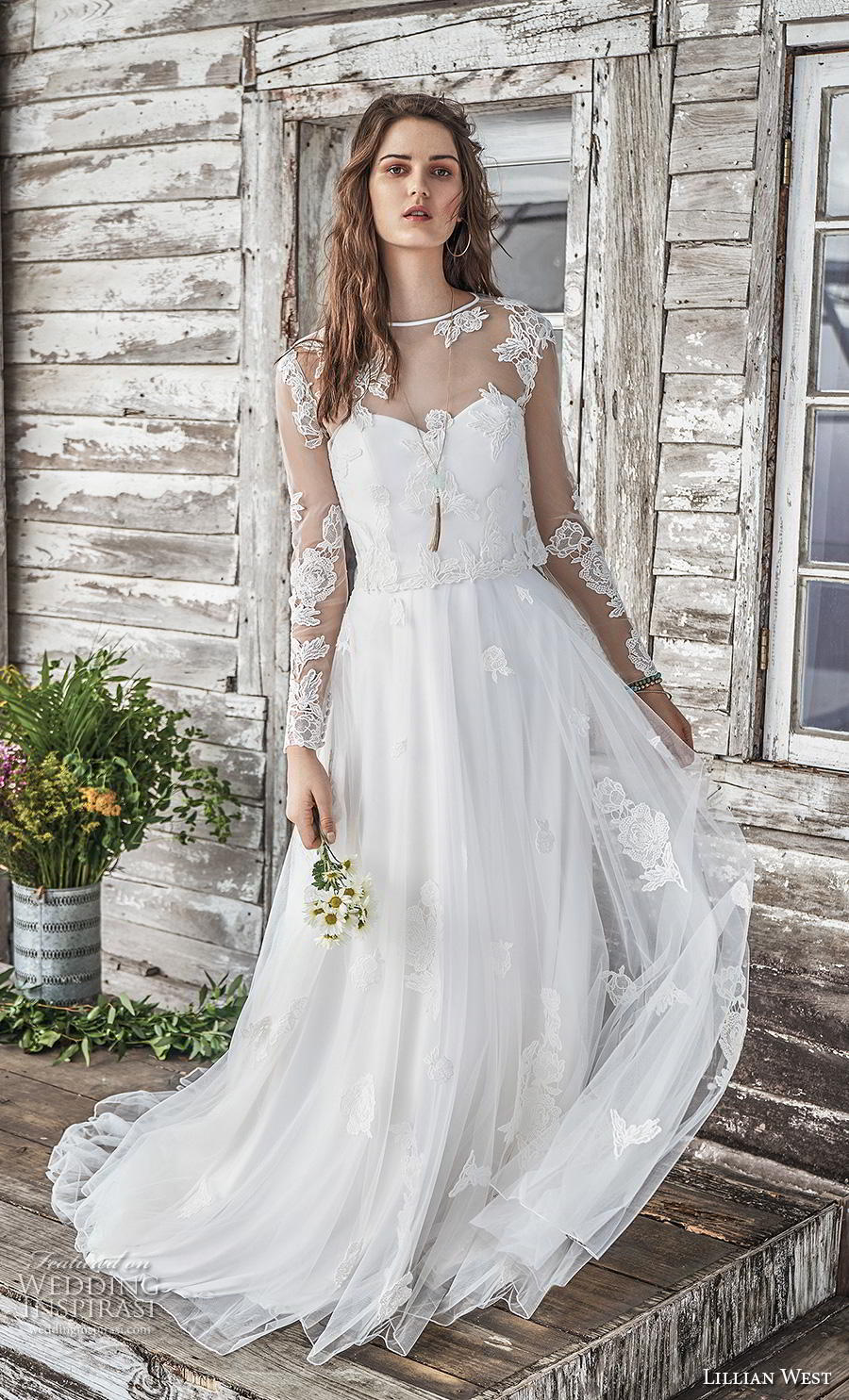 lillian west spring 2019 bridal long seeves illusion jewel sweetheart neckline heavily embellished bodice romantic a  line wedding dress sheer lace back chapel train (9) mv