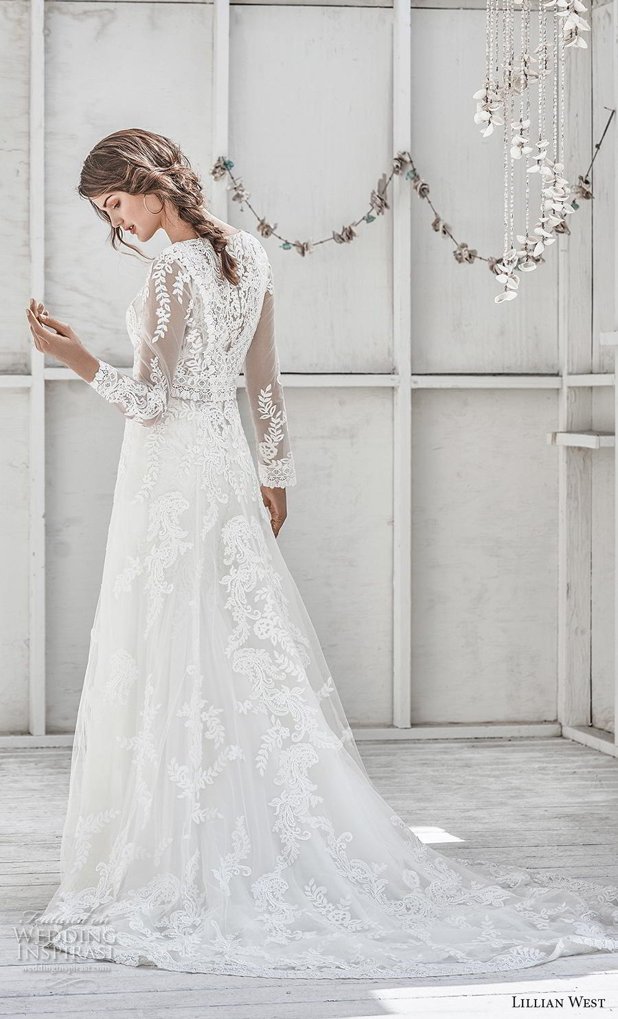 lillian west spring 2019 bridal long sleeves jewel neck full embellishment elegant boho modest a  line wedding dress covered lace back chapel train (3) bv