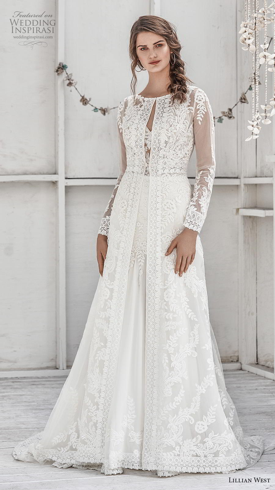 lillian west spring 2019 bridal long sleeves jewel neck full embellishment elegant boho modest a  line wedding dress covered lace back chapel train (3) mv