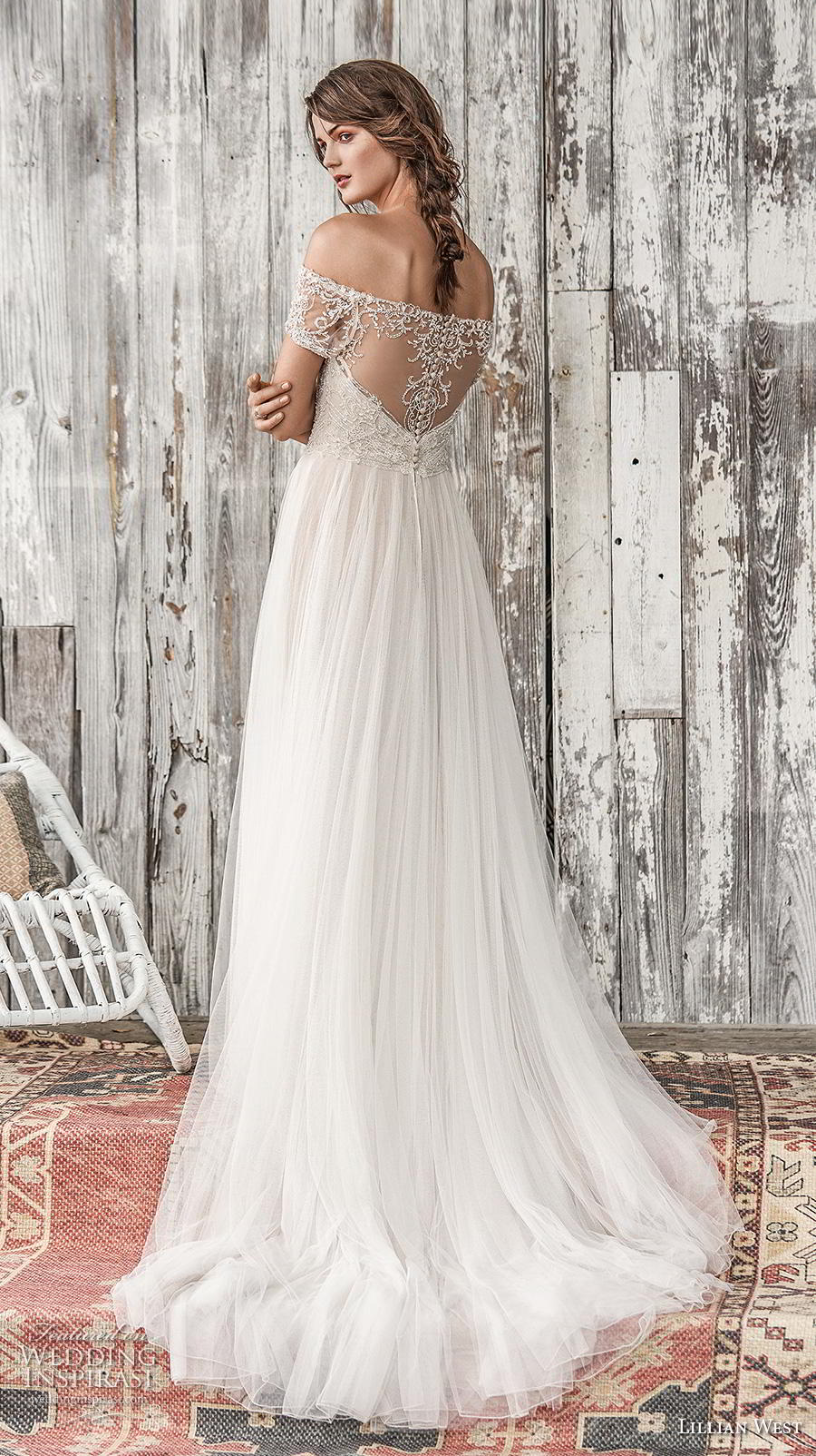 lillian west spring 2019 bridal off the shoulder illusion straight across sweetheart neckline heavily embellished bodice glitzy romantic a  line wedding dress chapel train (7) bv