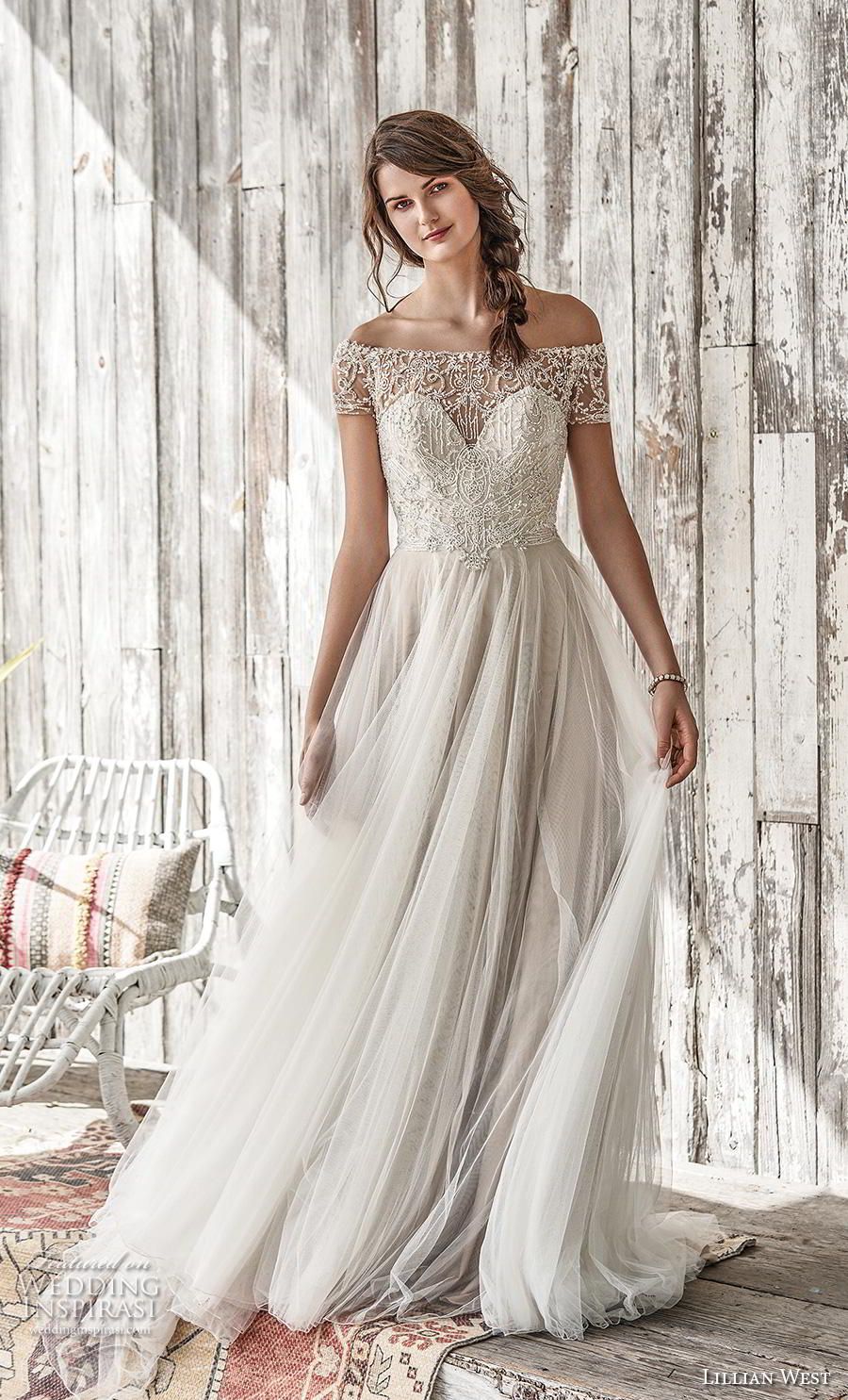 lillian west spring 2019 bridal off the shoulder illusion straight across sweetheart neckline heavily embellished bodice glitzy romantic a  line wedding dress chapel train (7) mv