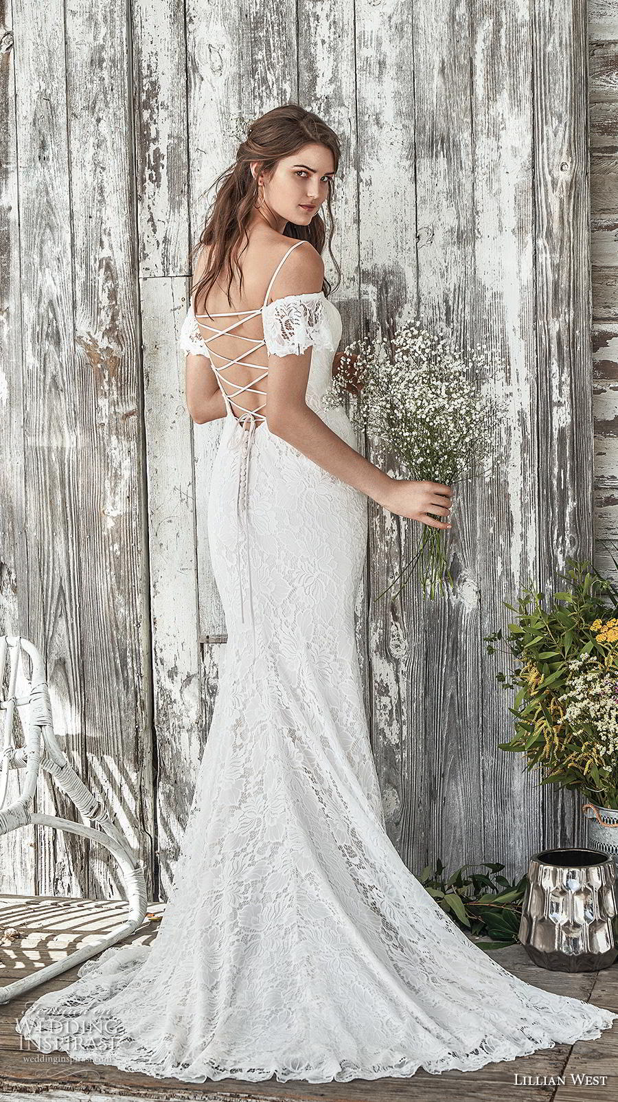 lillian west spring 2019 bridal short sleeves thin strap cold shoulder sweetheart neckline full embellishment elegant fit and flare wedding dress cross strap medium train (14) bv